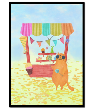Gato ilustrado con gafas de sol en un puesto de dulces colorido