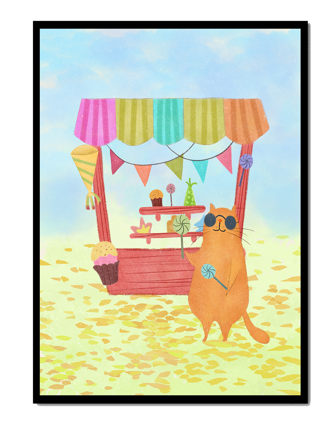 Illustrated Cat with Sunglasses at a Colorful Candy Stand
