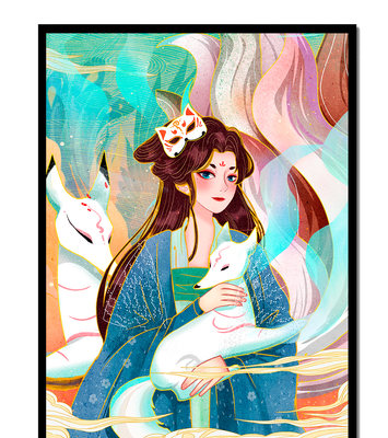Woman with foxes in a mystical fantasy scene