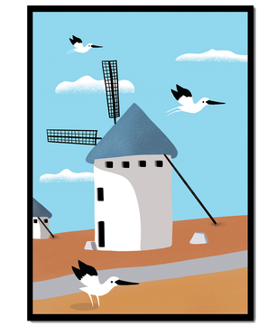 Windmill Landscape with Birds in a Minimalist Style