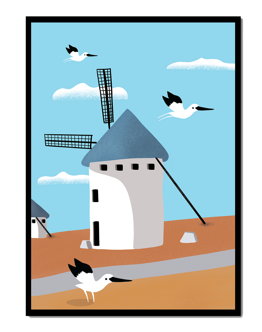 Paisaje de molino de viento con pájaros en estilo minimalista