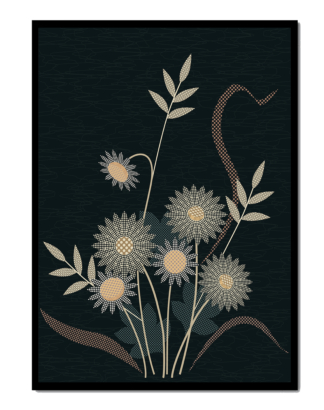 Abstract floral design with intricate patterns on dark background