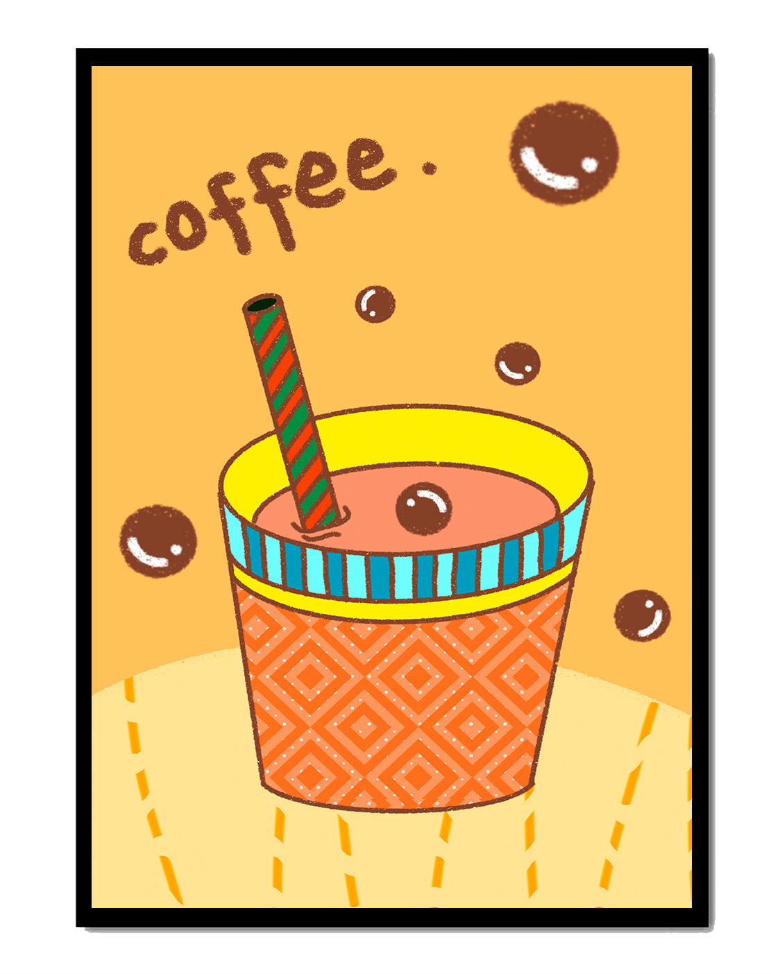 Colorful coffee cup illustration with bubbles and straw