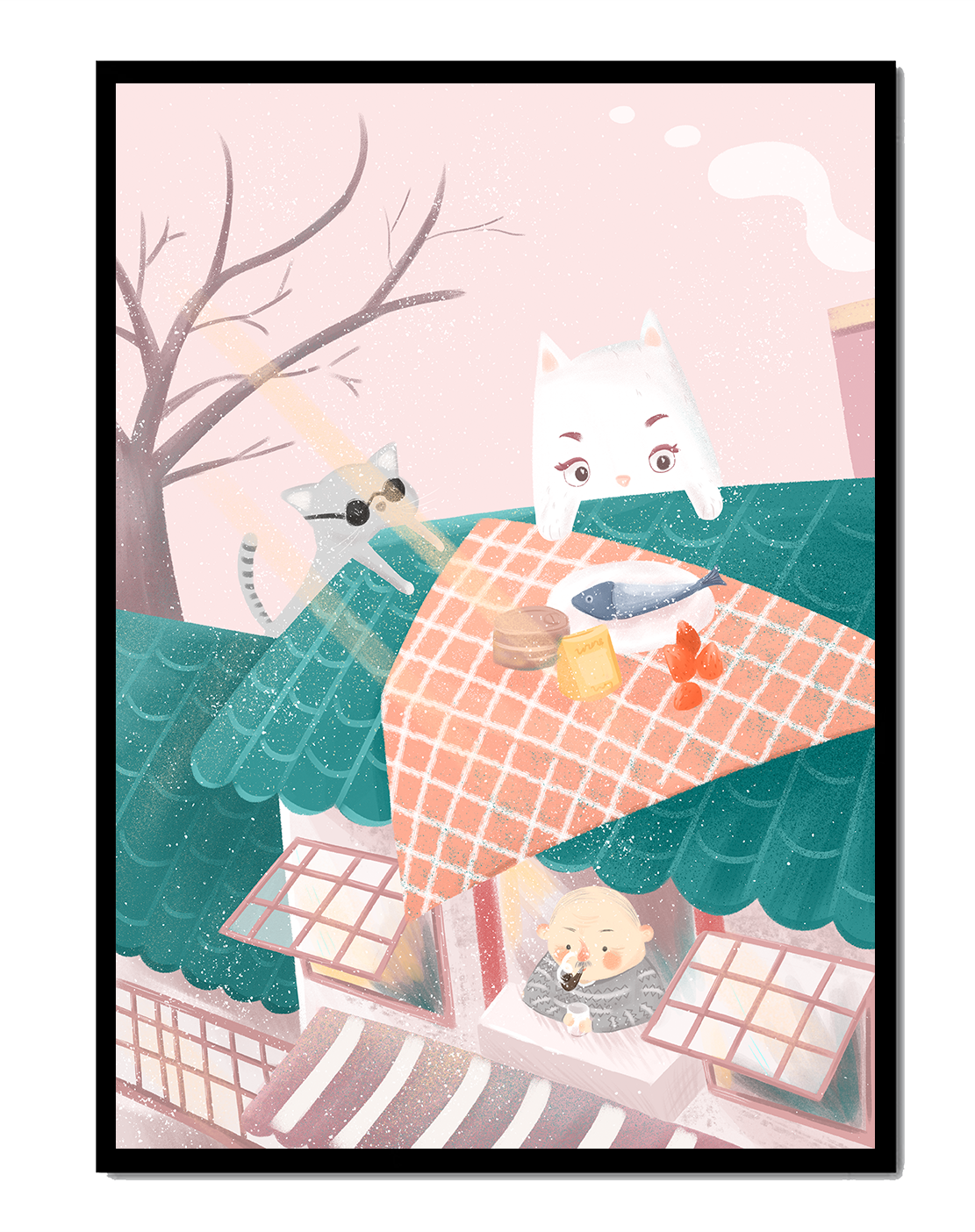 Whimsical rooftop scene with playful cats and a cozy winter ambiance