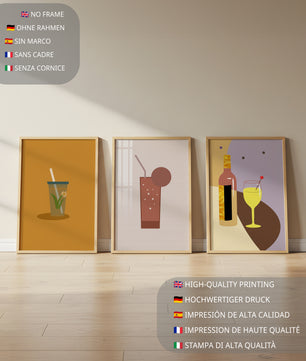 Illustrations minimalistes de boissons dans des cadres en bois