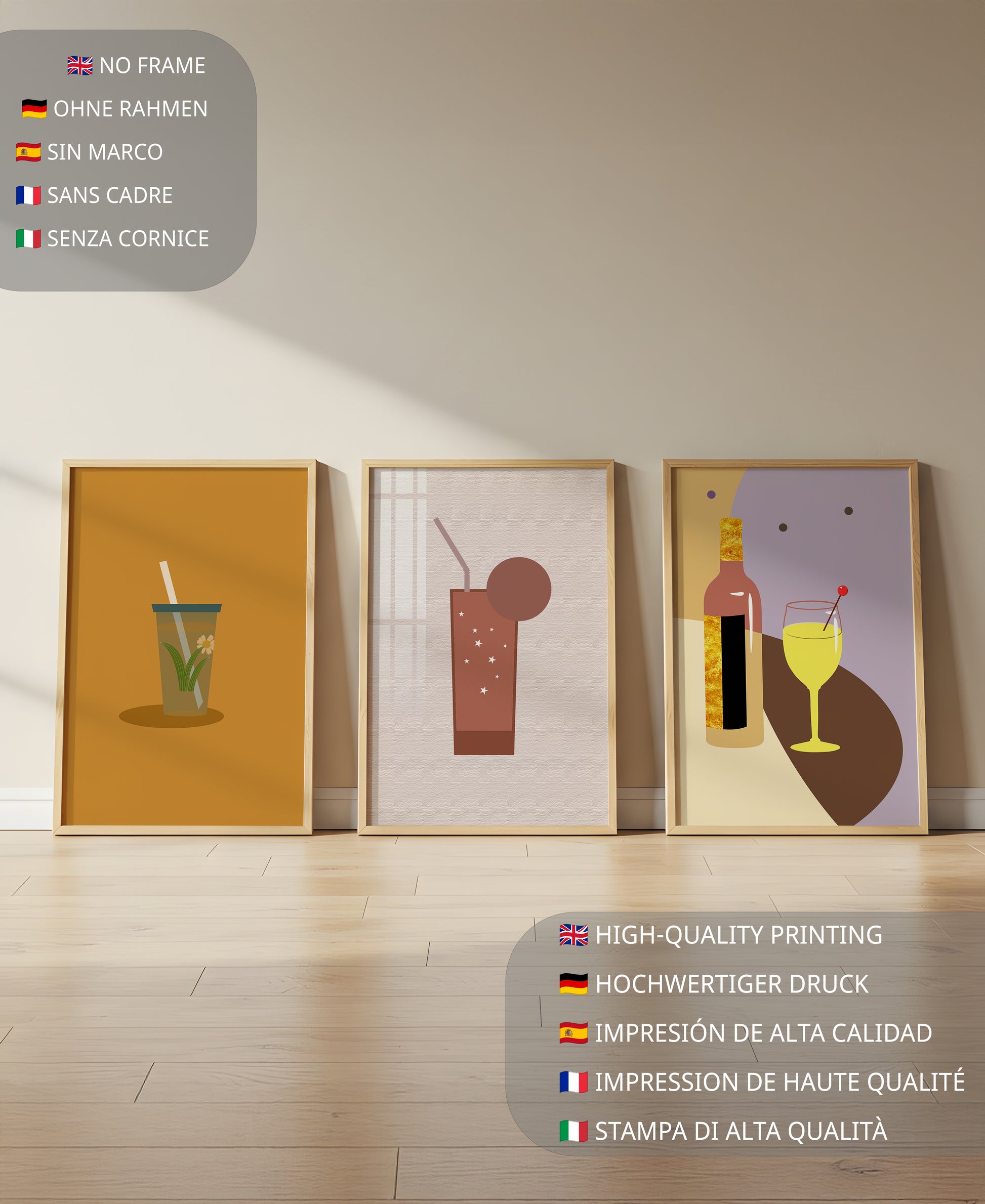 Illustrations minimalistes de boissons dans des cadres en bois