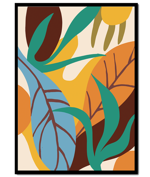 Abstract botanical design with colorful leaves and organic shapes