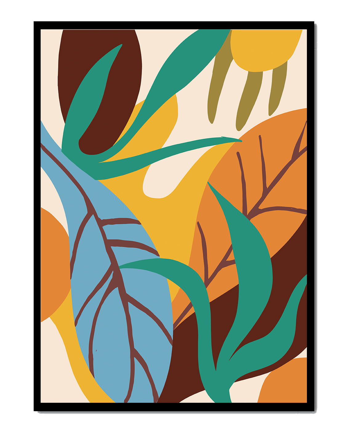 Abstract botanical design with colorful leaves and organic shapes