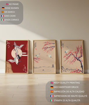 Ensemble de trois toiles avec grues et motifs naturels dans un style asiatique