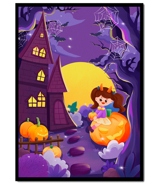 Charming Halloween scene with a girl on a pumpkin near a haunted house