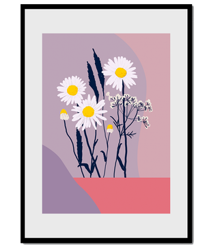 Zarte weiße Gänseblümchen mit gelben Zentren auf modernem Pastell-Hintergrund