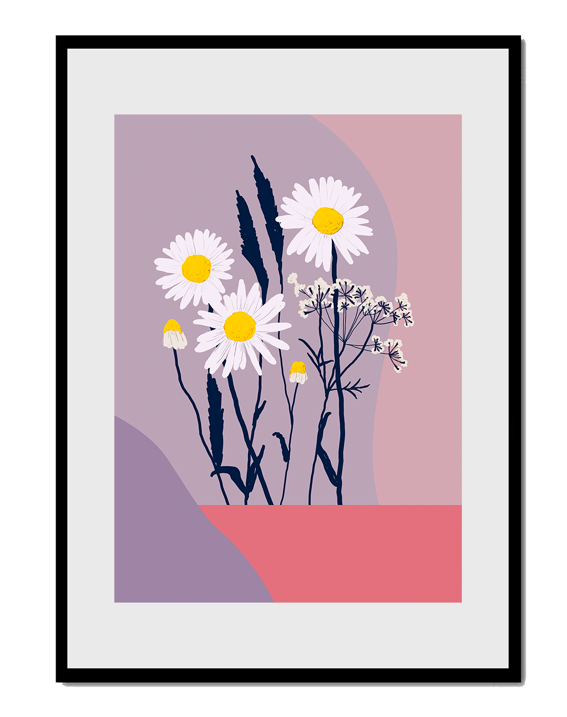 Zarte weiße Gänseblümchen mit gelben Zentren auf modernem Pastell-Hintergrund