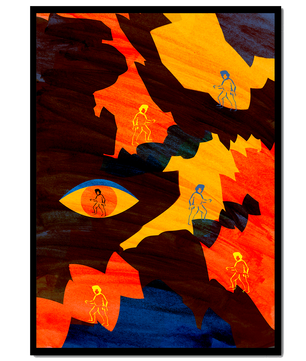 Abstract colorful artwork with eye and silhouettes