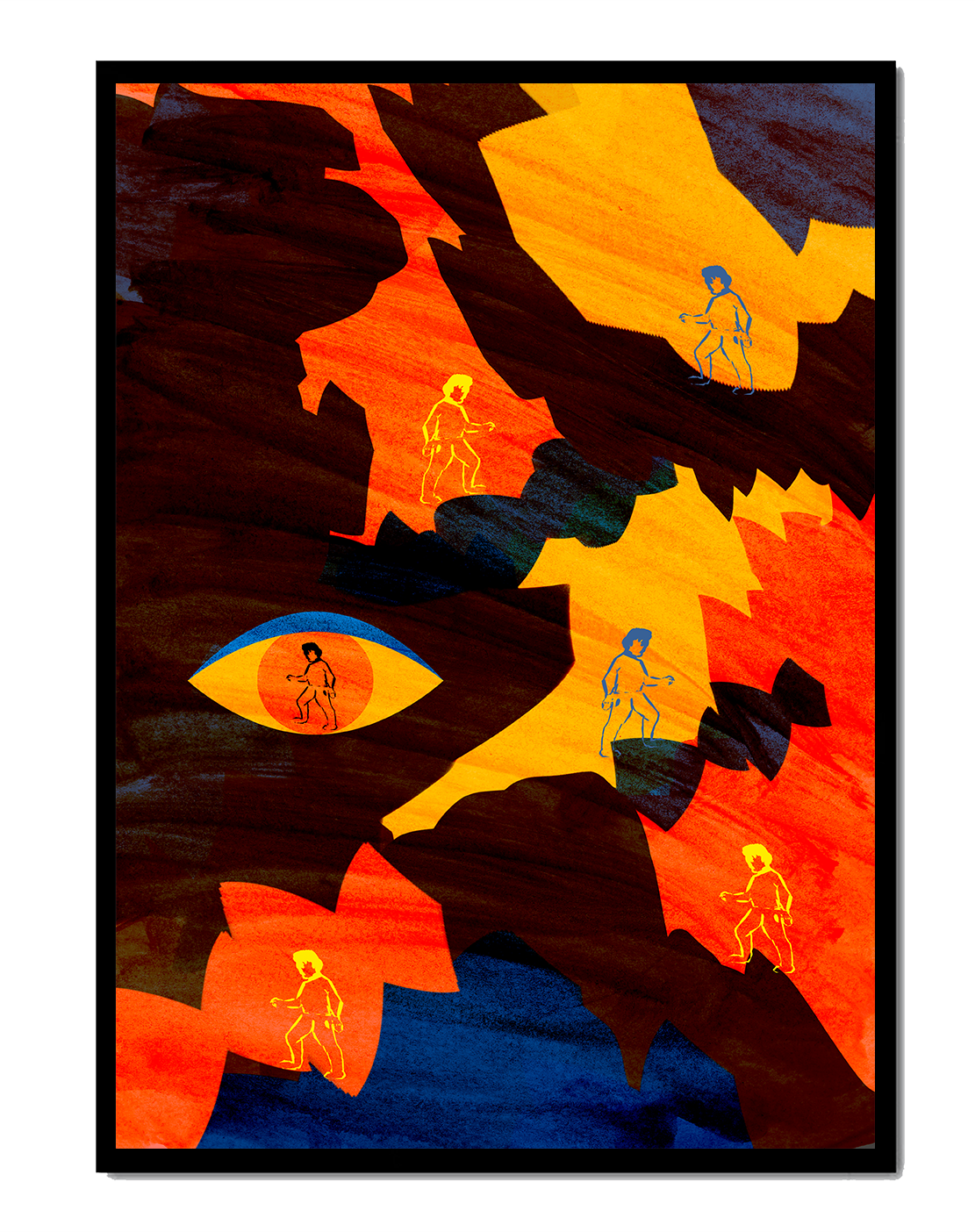 Abstract colorful artwork with eye and silhouettes
