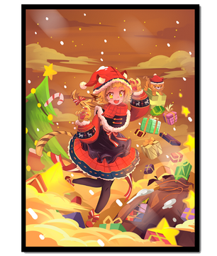 Festive anime character surrounded by gifts and holiday decor