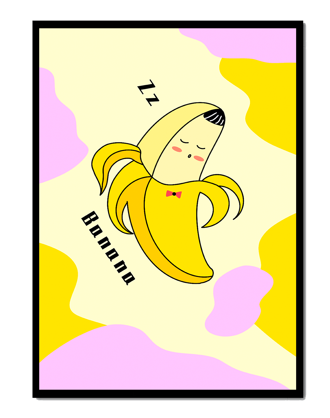 Playful illustration of a sleeping banana with colorful abstract background