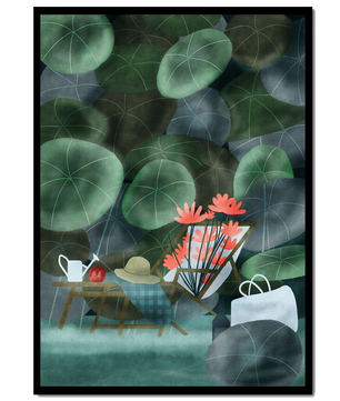 Garden Scene with Flowers, Table, and Chair in a Leafy Backdrop