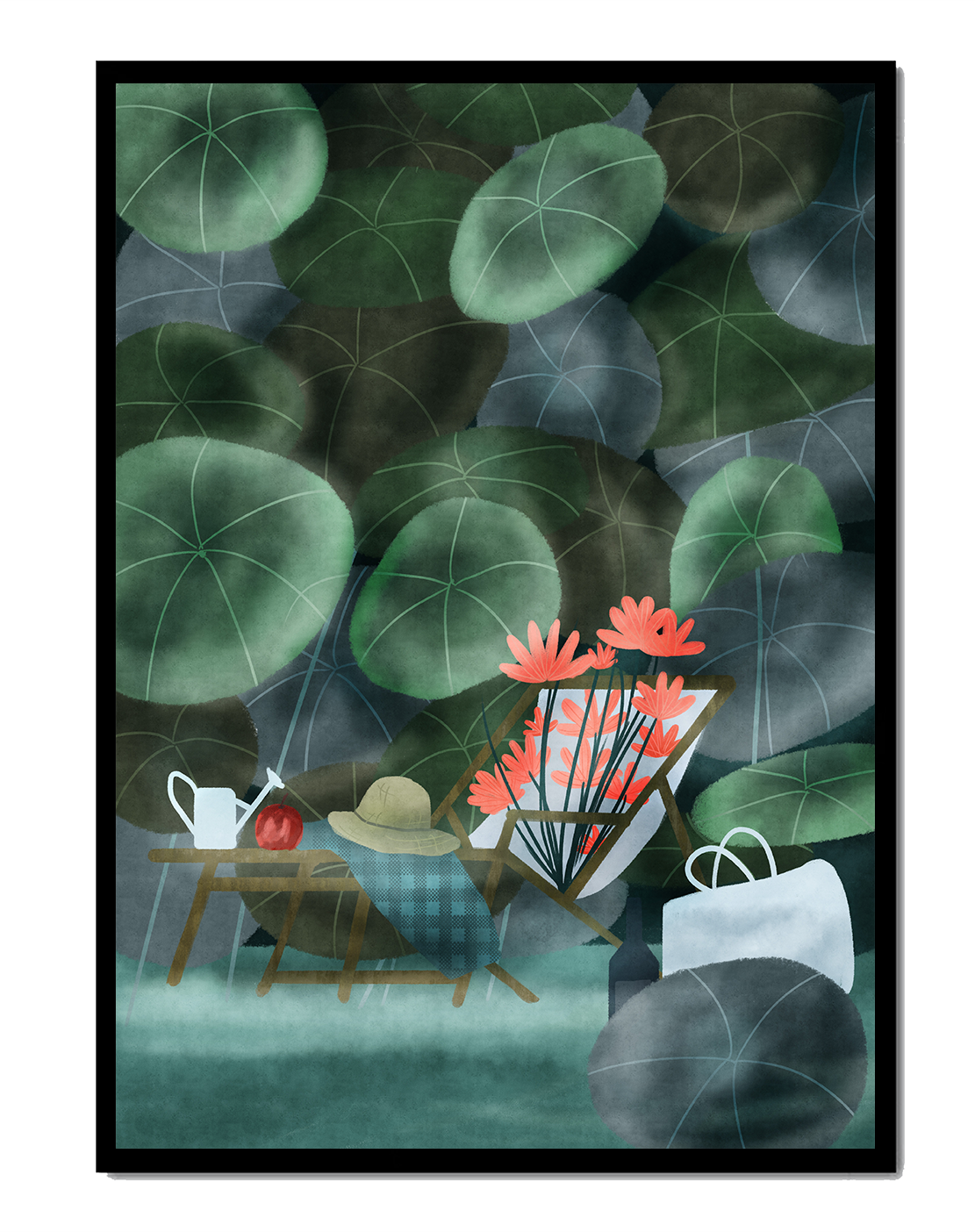 Garden Scene with Flowers, Table, and Chair in a Leafy Backdrop