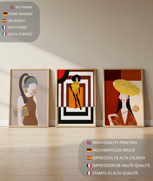 Conjunto De Ilustraciones Modernas Con Elementos Dorados En Pared Sin Marco
