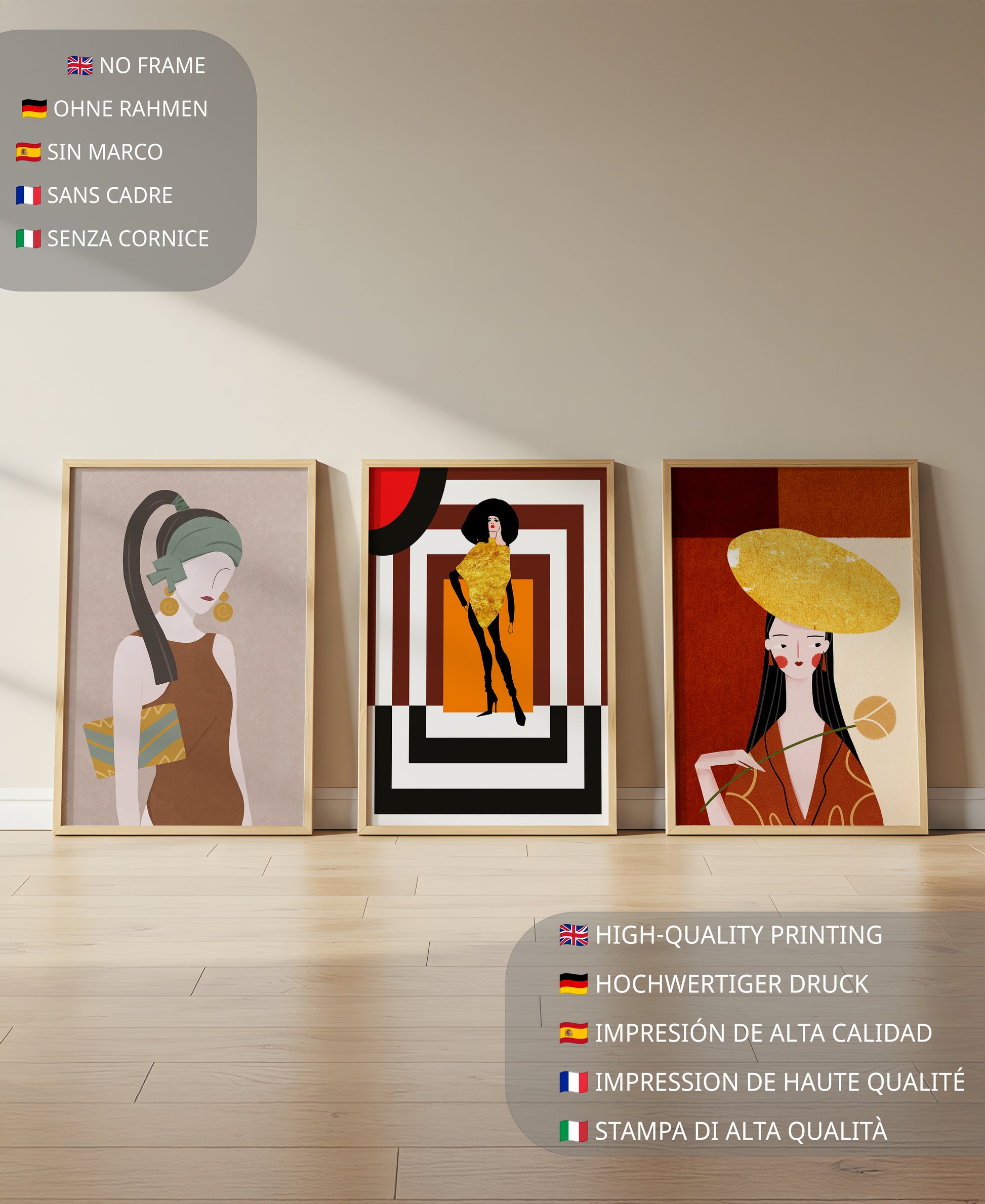 Conjunto De Ilustraciones Modernas Con Elementos Dorados En Pared Sin Marco