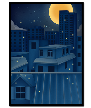 Night Urban Skyline Under a Starry Sky with Bright Full Moon