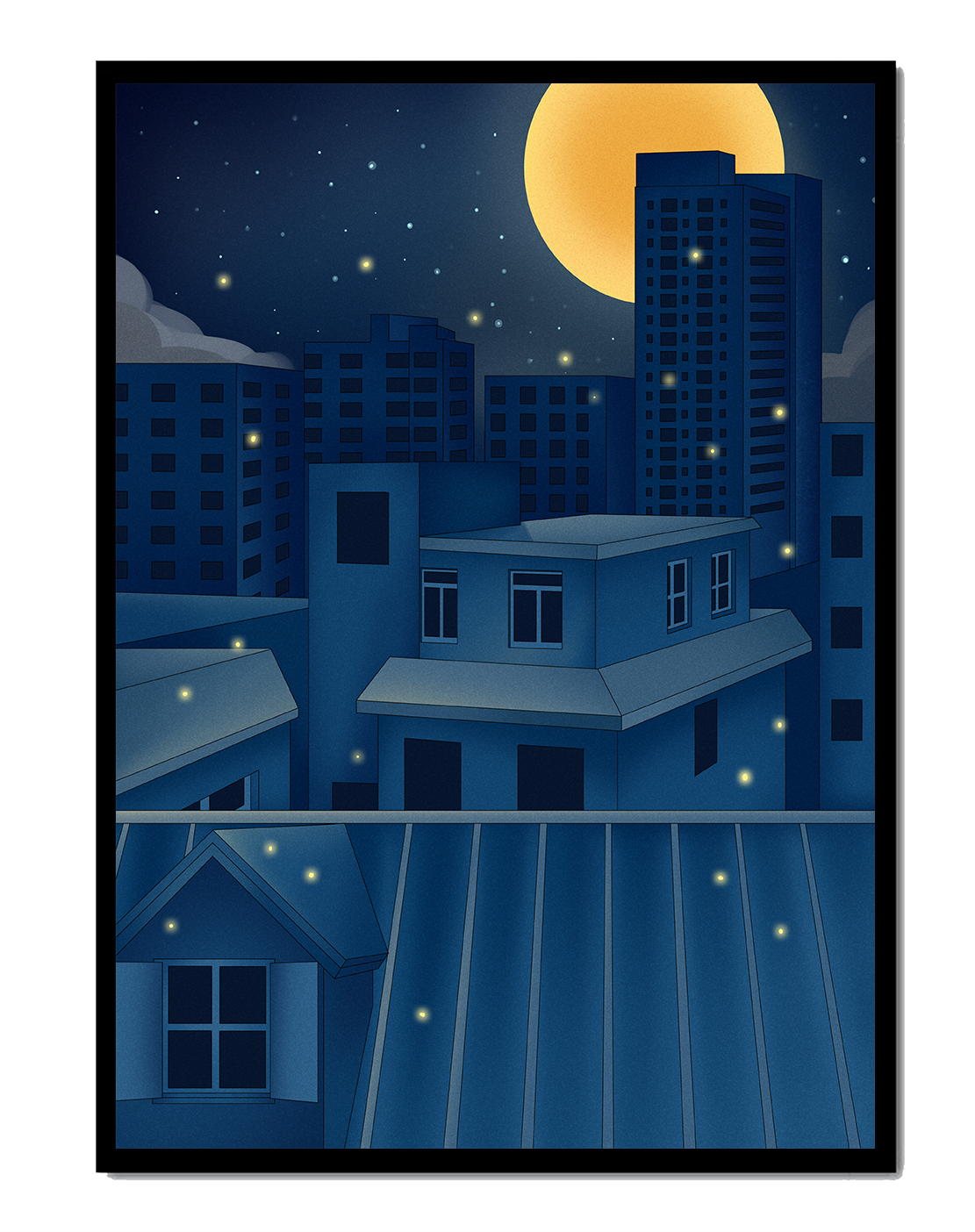 Night Urban Skyline Under a Starry Sky with Bright Full Moon