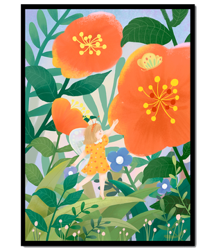 Whimsical illustration of a fairy child in a vibrant floral landscape