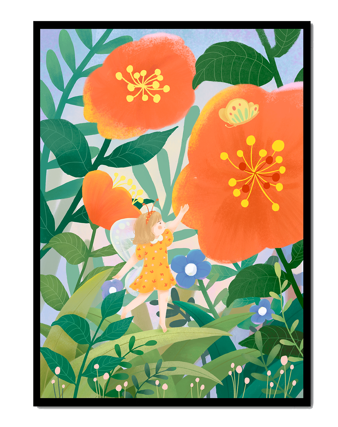 Whimsical illustration of a fairy child in a vibrant floral landscape