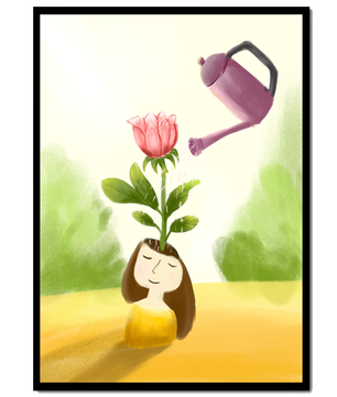 Ilustración de una chica con una flor creciendo de su cabeza siendo regada