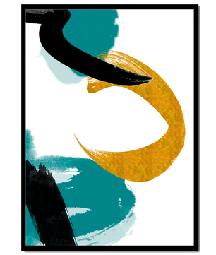 Composición minimalista abstracta con elementos dorados y turquesa