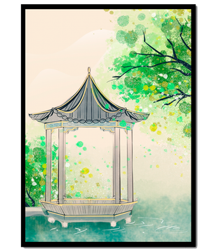 Serene garden pavilion amidst lush green trees and calm waters