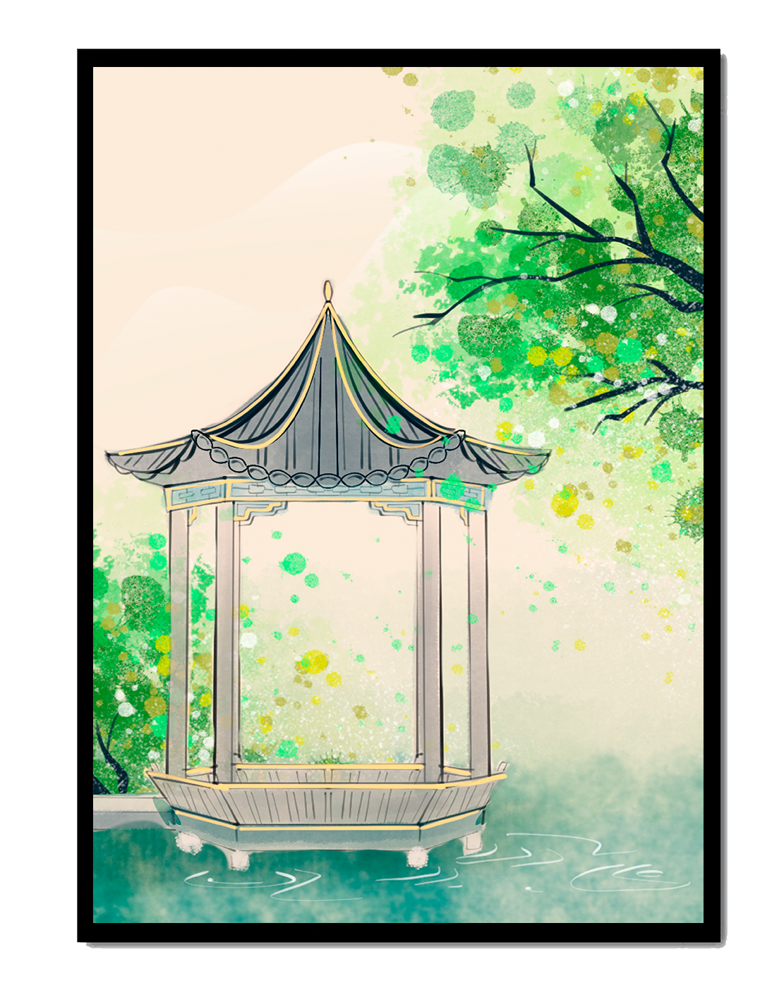 Serene garden pavilion amidst lush green trees and calm waters
