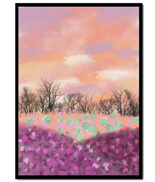 Paisaje sereno con campo floral vibrante y cielo pastel