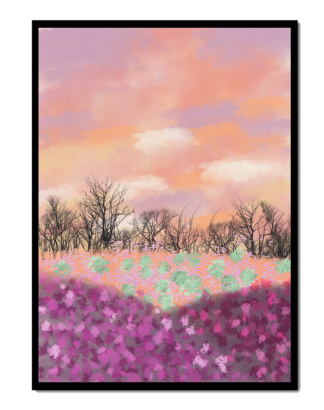 Paisaje sereno con campo floral vibrante y cielo pastel
