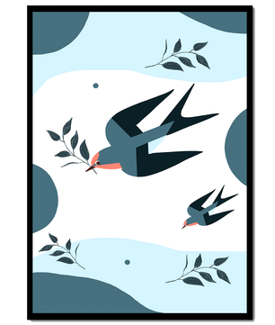 Ilustración abstracta de golondrinas con hojas y formas geométricas