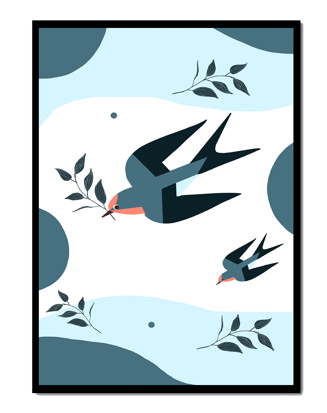 Ilustración abstracta de golondrinas con hojas y formas geométricas