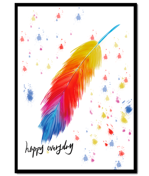 Colorful feather with inspirational message on abstract paint splatter background