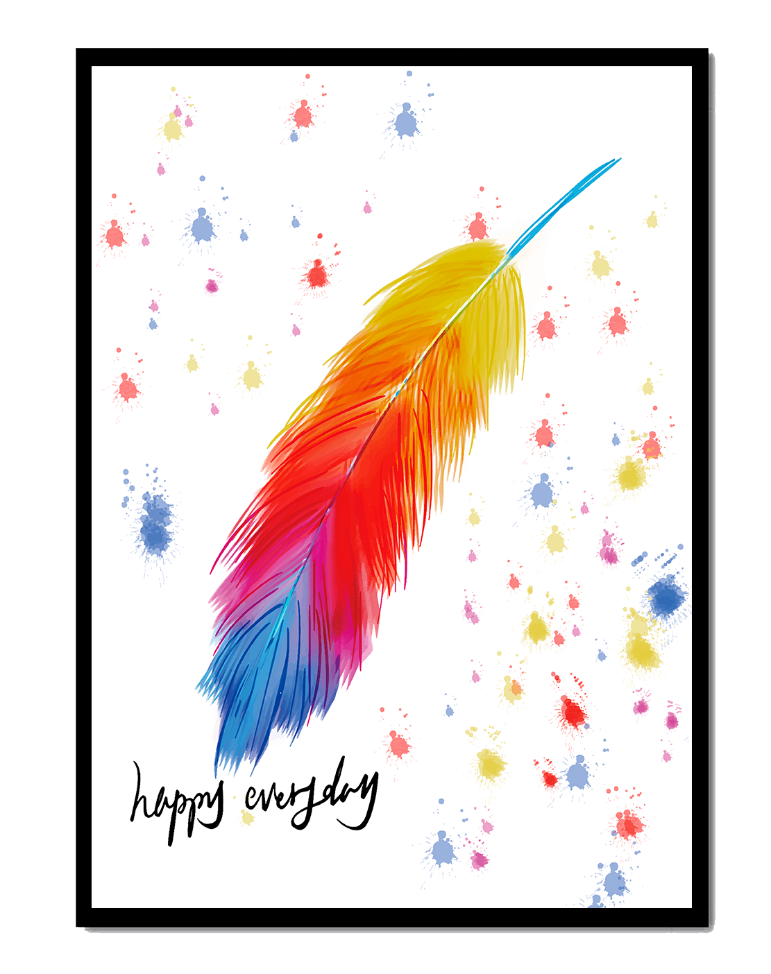 Colorful feather with inspirational message on abstract paint splatter background