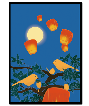 Lanterns and Birds Under the Night Sky