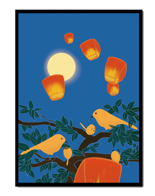 Lanterns and Birds Under the Night Sky