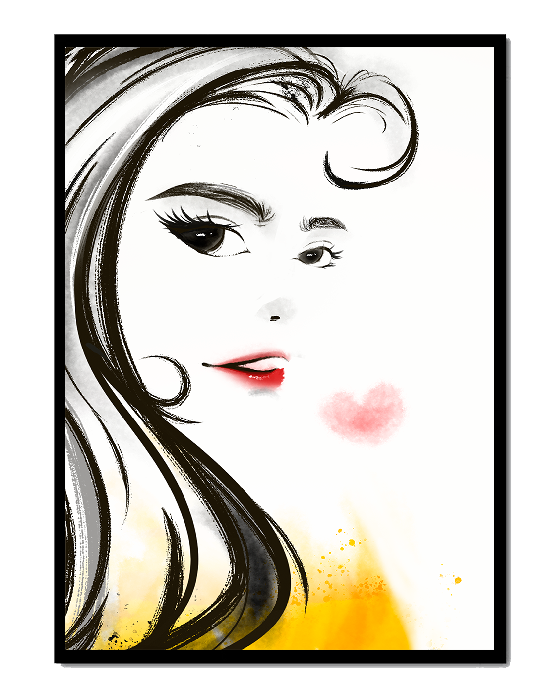 Elegant portrait sketch with red lips and a heart motif