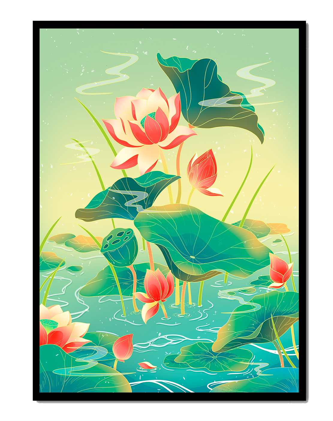 Serene lotus pond with vibrant lilies and lush green leaves