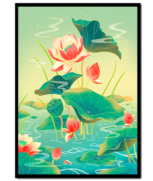 Serene lotus pond with vibrant lilies and lush green leaves