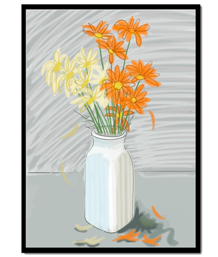 Vibrant daisies in a white vase illustration