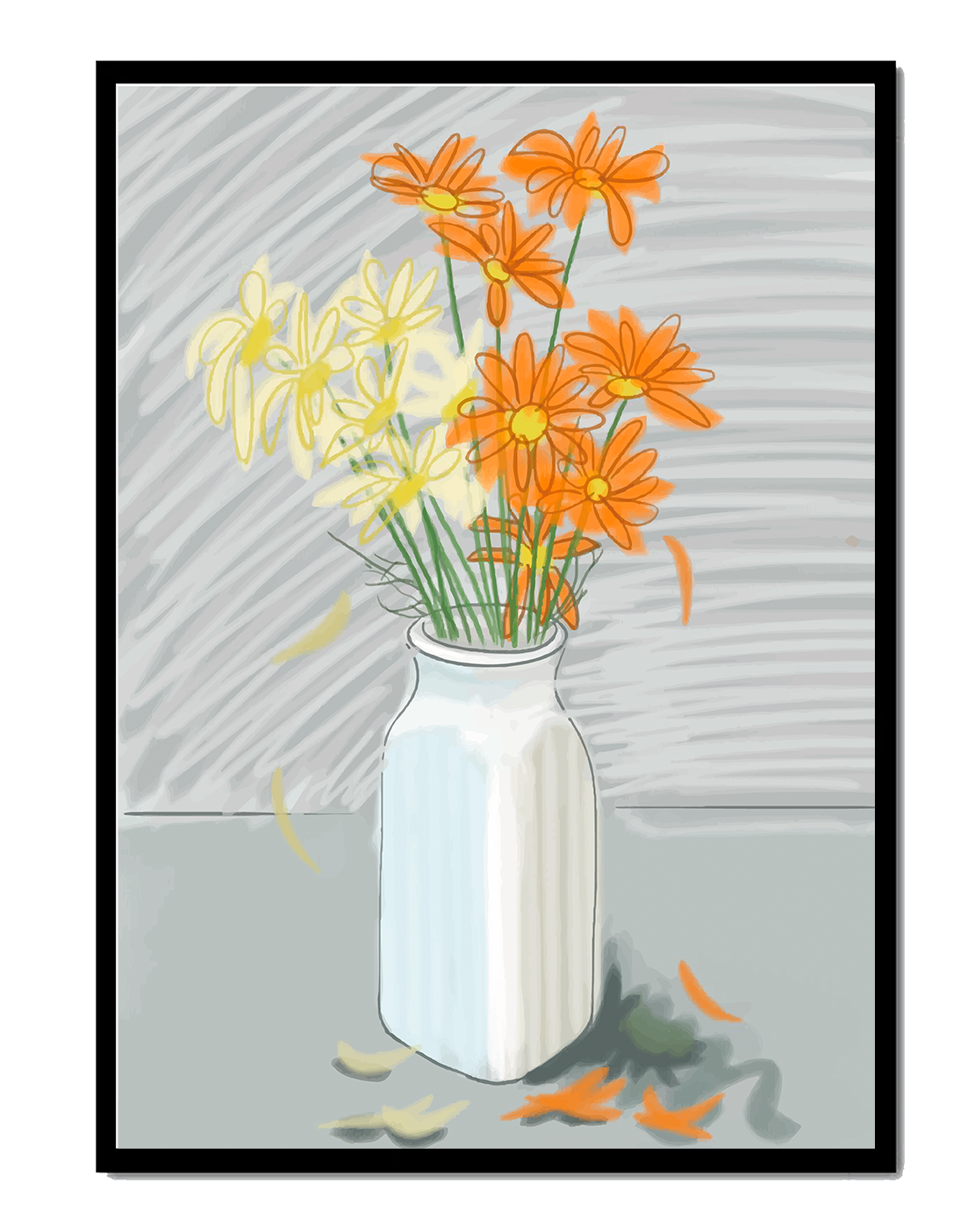 Vibrant daisies in a white vase illustration