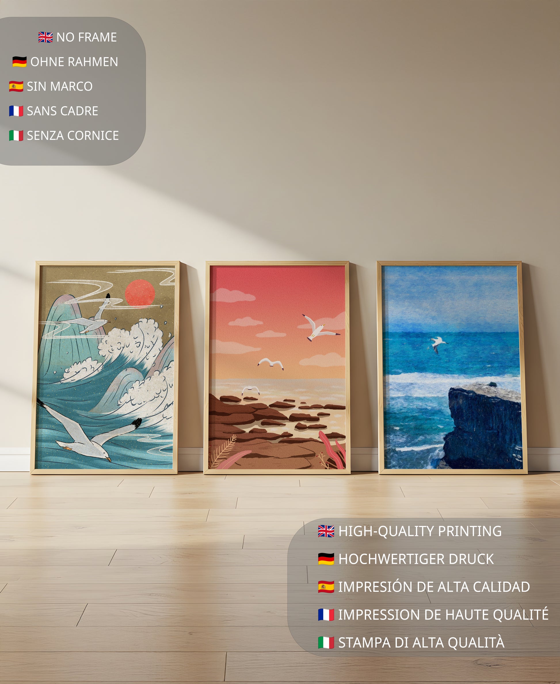 Tríptico de Paisajes Marinos con Aves