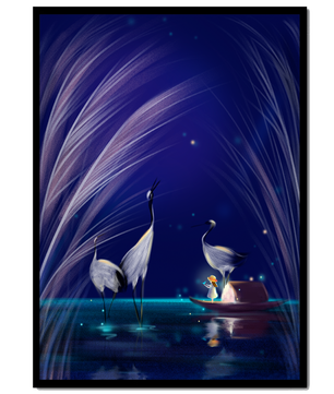 Serene night scene with graceful cranes and a magical boat ride