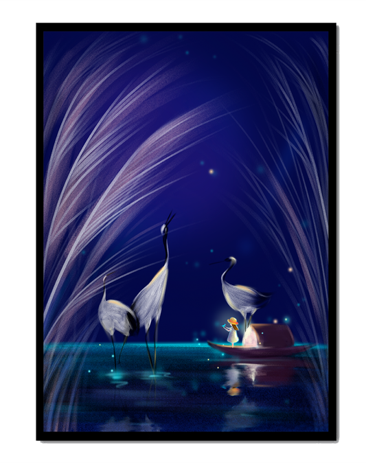 Serene night scene with graceful cranes and a magical boat ride