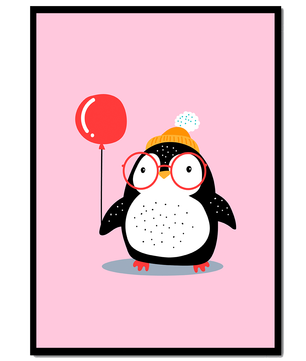 Ilustración adorable de un pingüino con globo y gafas