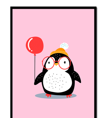 Adorable penguin with balloon and glasses illustration